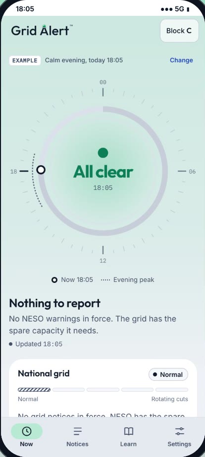 Grid Alert at All clear: nothing to report, no NESO warnings in force.