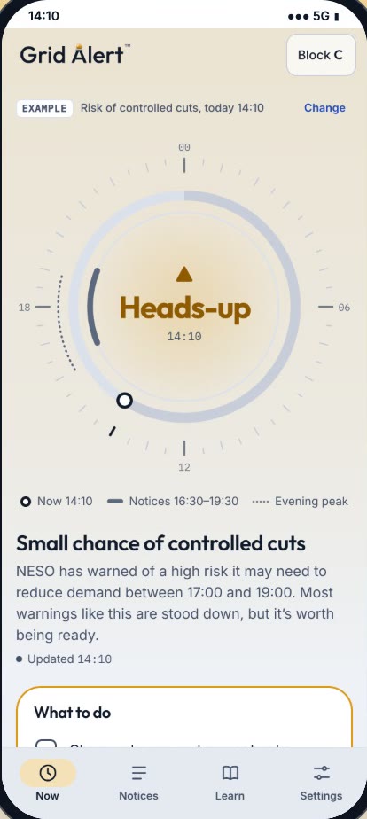 Grid Alert at Heads-up: small chance of controlled cuts, NESO warning for 17:00 to 19:00.