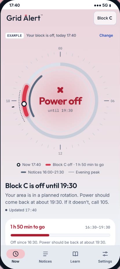 Grid Alert at Power off: block C is off until 19:30, then call 105 if it isn’t back.