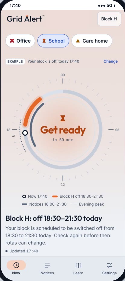 Grid Alert at Get ready: block H off 18:30 to 21:30 today, in 50 minutes.