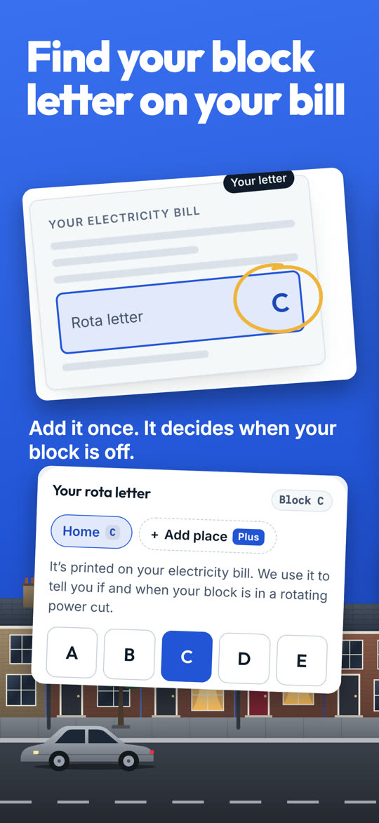 Find your block letter on your bill: the rota letter on an electricity bill, and the letter picker in the app.